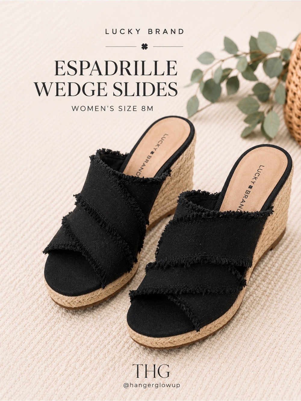 Lucky Brand Black Frayed Espadrille Wedge Slide Sandals Size 8M
